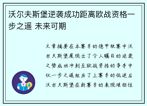 沃尔夫斯堡逆袭成功距离欧战资格一步之遥 未来可期