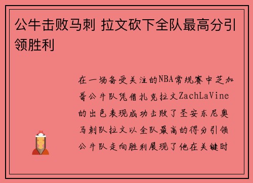 公牛击败马刺 拉文砍下全队最高分引领胜利
