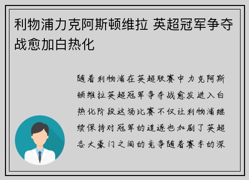 利物浦力克阿斯顿维拉 英超冠军争夺战愈加白热化