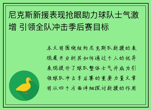 尼克斯新援表现抢眼助力球队士气激增 引领全队冲击季后赛目标