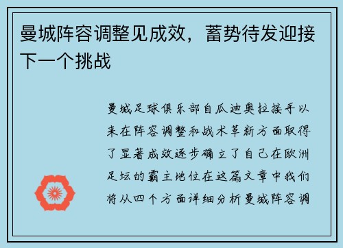 曼城阵容调整见成效，蓄势待发迎接下一个挑战
