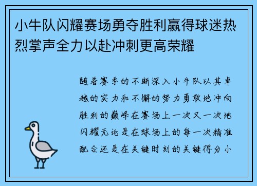 小牛队闪耀赛场勇夺胜利赢得球迷热烈掌声全力以赴冲刺更高荣耀