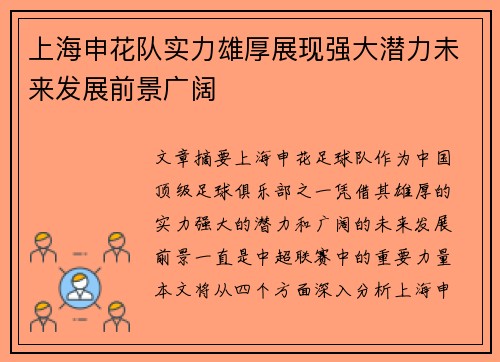上海申花队实力雄厚展现强大潜力未来发展前景广阔