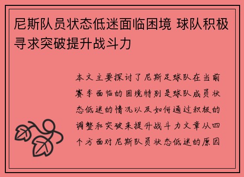 尼斯队员状态低迷面临困境 球队积极寻求突破提升战斗力