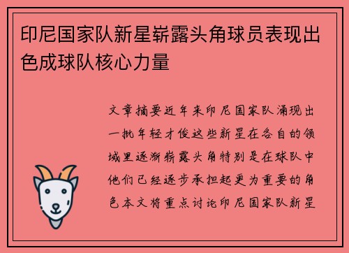 印尼国家队新星崭露头角球员表现出色成球队核心力量