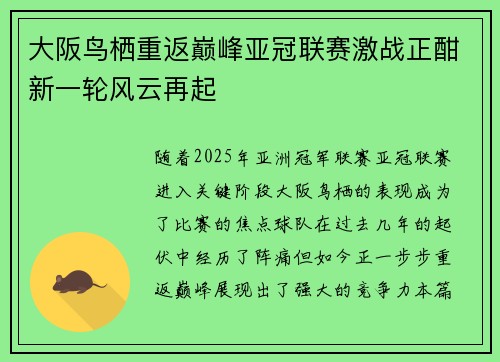 大阪鸟栖重返巅峰亚冠联赛激战正酣新一轮风云再起